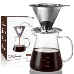 Comfome Pour Over Coffee Maker 17 oz, Drip Coffee Maker Pour Over with High Heat-resistant Carafe and Permanent Stainless Steel Filter , Portable Coff
