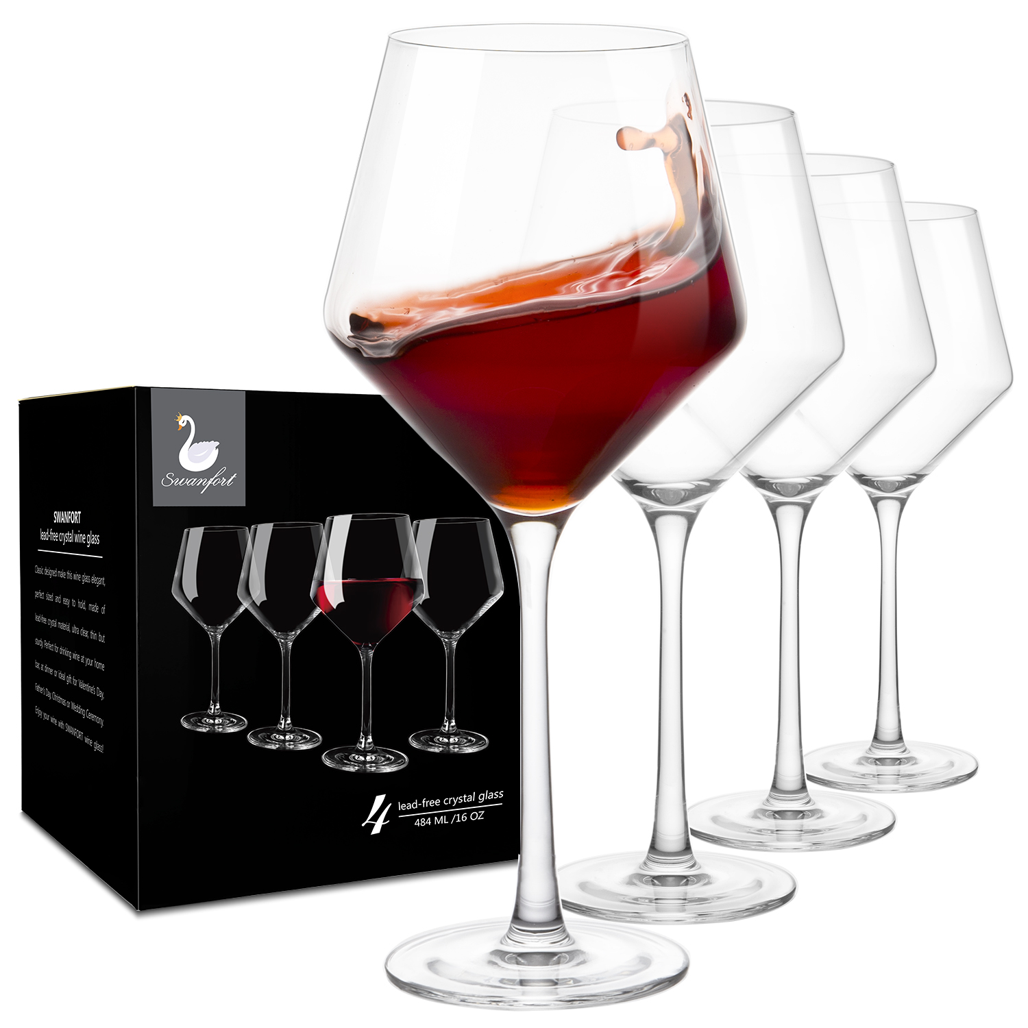 Swanfort Red Wine Glasses Set of 4, Long Stem Crystal Wine Glasses,  Burgundy Wine Glasses in Gift Bo…See more Swanfort Red Wine Glasses Set of  4, Long