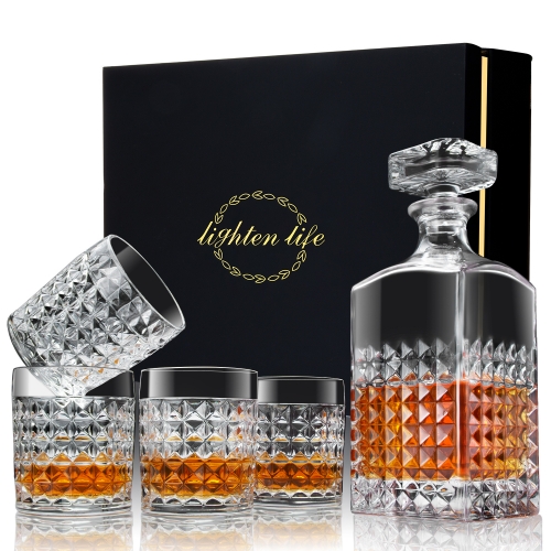 Lighten Life Whisky Decanter Sets,Italian Style Decanter with 4 Glasses Set in Gift Box,Lead Free Crystal Glass Decanter Set for Bourbon,Scotch,Liquor