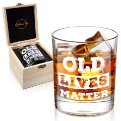 Lighten Life Old Lives Matter Whiskey Glass 12 oz,Rock Glass in Valued Wooden Box,Funny Birthday or Retirement Gift for Grandpa,Dad ,Old Man