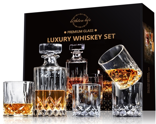 Lighten Life 5-Piece Whiskey Decanter Set,Crystal Whiskey Decanter with 4 Glasses in One Unique Gift Box,Premium Lead Free Whiskey Decanter and Glass