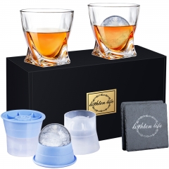 LIGHTEN LIFE Whiskey Glasses with Ice Molds-(2 Crystal Bourbon Glass,2 Iceball Maker,2 Coasters) in Gift Box,Non-Lead Whiskey Rock Glasses