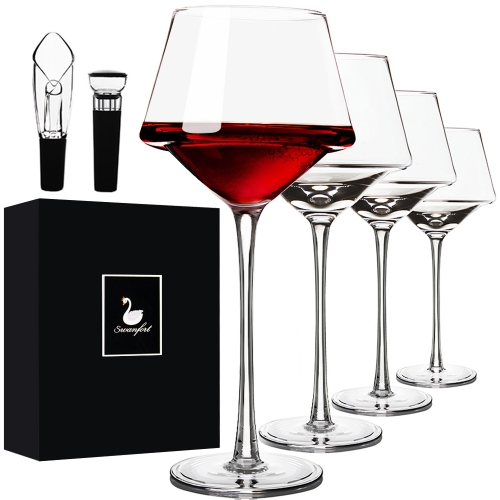 Red Wine Glasses Set of 4, with Wine Aerator Pourer and Vacuum Wine Stopper, Hand Blown Large Wine Glasses With Stem, Unique Design in Gift Box for Al