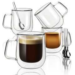 Espresso Cups Set of 4, 5 oz Double Walled Glass Coffee Mugs with Lead-free Borosilicate glasses Glass and 4 Spoons for Cappuccino, Latte and Espresso