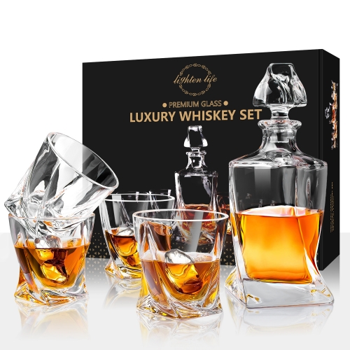 Lighten Life 5-Piece Whiskey Decanter Set,Crystal Whiskey Decanter with 4 Glasses in One Unique Gift Box,Premium Lead Free Whiskey Decanter and Glass