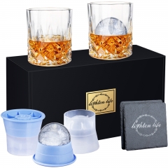 LIGHTEN LIFE Whiskey Glass Set (2 Crystal Bourbon Glass,2 Ice Molds,2 Coasters) in Gift Box,Non-Lead Old Fashioned Glass for Bourbon Scotch
