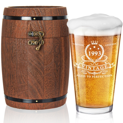 LIGHTEN LIFE 30th Birthday Gifts for Men Women 16oz,1993 Beer Glass in Barrel Box,Funny 1993 Pint Glass for 30 Years Old Dad,Friend,30th Beer Gift