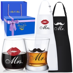 LIGHTEN LIFE Wedding Gifts Engagement Gifts for Couples Mr & Mrs Apron and Wine Whiskey Glass Set