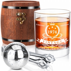 LIGHTEN LIFE 50th Birthday Gifts for Men,1974 Whiskey Glass Set in Barrel Box